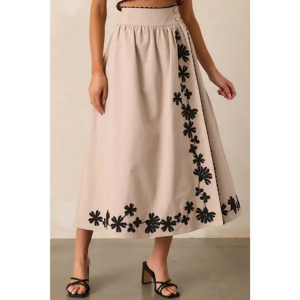 Red Dress Lovely Blooms Taupe Embroidered Floral Midi Skirt Size SS / Taupe - Picture 2 of 3